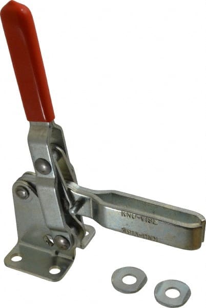 Lapeer - 600 Lb Holding Capacity, Vertical Handle, Manual Hold Down Toggle Clamp - 57° Handle Movement, 106° Bar Opening, U-Bar, Flanged Base, Carbon Steel - Exact Tooling