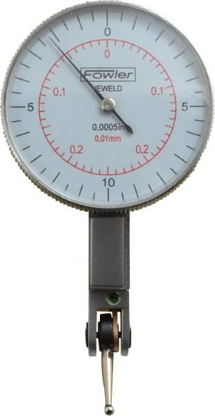 Fowler - 0.02 Inch Range, 0.0005 Inch Dial Graduation, Horizontal Dial Test Indicator - 1-1/2 Inch White Dial, 0-0.25-0; 0-10-0 Dial Reading - Exact Tooling