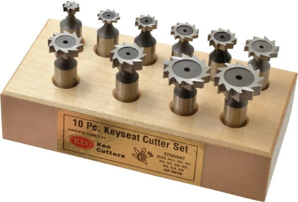 Keo - 3/8 to 1" Cutting Diam, Straight Tooth Configuration, Woodruff and Keyseat Cutter Set - 204 to 808 ANSI, High Speed Steel, 10 Pieces - Exact Tooling