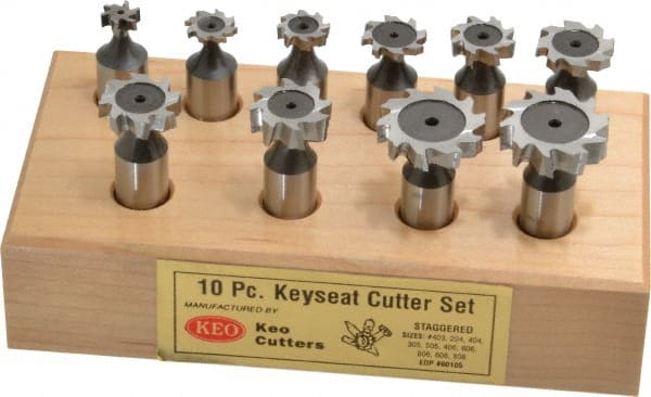 Keo - 1/2 to 1" Cutting Diam, Staggered Tooth Configuration, Woodruff and Keyseat Cutter Set - 204 to 808 ANSI, High Speed Steel, 10 Pieces - Exact Tooling