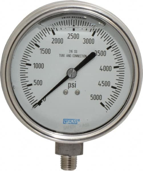 Wika - 4" Dial, 1/4 Thread, 0-5,000 Scale Range, Pressure Gauge - Lower Connection Mount, Accurate to 1% of Scale - Exact Tooling