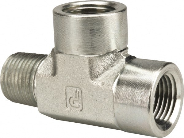 Parker - 1/2 Male Thread x 1/2 Female Thread, Zinc Plated Steel Industrial Pipe Street Tee - MNPTF x FNPTF, 3,000 psi - Exact Tooling