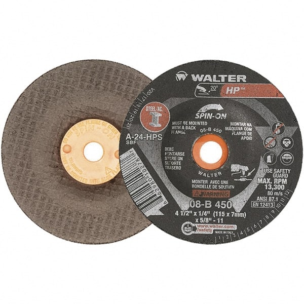WALTER Surface Technologies - 24 Grit, 4-1/2" Wheel Diam, 1/4" Wheel Thickness, Type 27 Depressed Center Wheel - Aluminum Oxide, 13,300 Max RPM - Exact Tooling