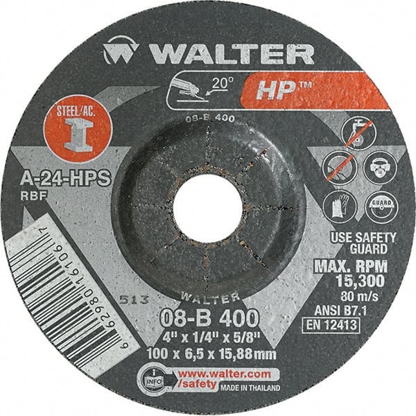 WALTER Surface Technologies - 24 Grit, 4" Wheel Diam, 1/4" Wheel Thickness, 5/8" Arbor Hole, Type 27 Depressed Center Wheel - Aluminum Oxide, Resinoid Bond, 15,000 Max RPM - Exact Tooling