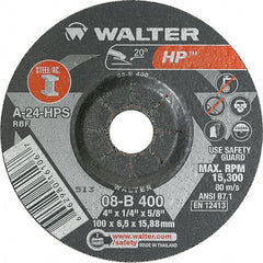 WALTER Surface Technologies - 24 Grit, 4" Wheel Diam, 1/4" Wheel Thickness, 5/8" Arbor Hole, Type 27 Depressed Center Wheel - Aluminum Oxide, Resinoid Bond, 15,000 Max RPM - Exact Tooling