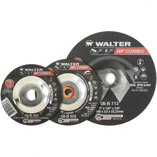 WALTER Surface Technologies - 30 Grit, 7" Wheel Diam, 1/8" Wheel Thickness, 7/8" Arbor Hole, Type 27 Depressed Center Wheel - Aluminum Oxide, Resinoid Bond, 8,600 Max RPM - Exact Tooling