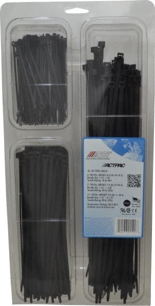 Made in USA - 4 to 11 Inch Range, Black Cable Ties - 7/8, 1-7/8 and 3-1/16 Inch Bundle Diameter, 18 and 50 Lb. Strength, Nylon - Exact Tooling