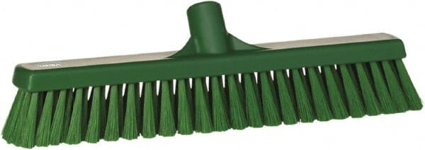 Vikan - 16" Fine Particle Synthetic Push Broom - 2" Bristle Length, Plastic Block, European Threaded Handle Connection - Exact Tooling