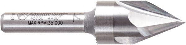 Amana Tool - 9/16" Cut Diam, 1/2" Length of Cut, 3 Flute V-Groove Edge Profile Router Bit - Solid Carbide, 1/4" Shank Diam, 2-1/4" OAL, Uncoated - Exact Tooling