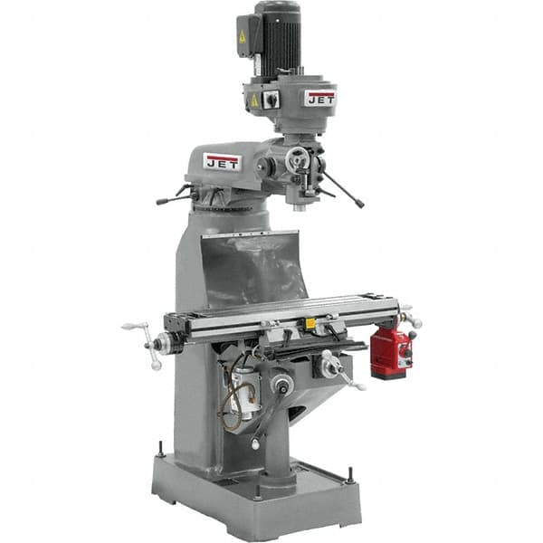 Jet - 9" Table Width x 42" Table Length, Step Pulley Control, 3 Phase Knee Milling Machine - R8 Spindle Taper, 2 hp - Exact Tooling