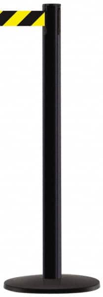 Tensator - 38-1/2" High, 2-1/2" Pole Diam, Tensabarrier Post - 13-1/2" Base Diam, Round Metal Base, Black 7-1/2' Tape - Exact Tooling
