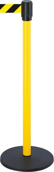 Tensator - 38-1/2" High, 2" Pole Diam, Tensabarrier Post - 13-1/2" Base Diam, Round Stainless Steel Base, Yellow 7-1/2' Tape - Exact Tooling