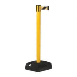 Tensator - 38-1/4" High, 2-1/2" Pole Diam, Tensabarrier Post - 19" Base Diam, UPVC Base, Yellow Plastic Post, 7-1/2' Tape, Single Line Tape, For Outdoor Use - Exact Tooling