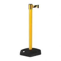 Tensator - 38-1/4" High, 2-1/2" Pole Diam, Tensabarrier Post - 19" Base Diam, UPVC Base, Yellow Plastic Post, 7-1/2' Tape, Single Line Tape, For Outdoor Use - Exact Tooling