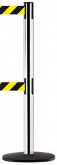 Tensator - 38-1/4" High, 2-1/2" Pole Diam, Tensabarrier Post - 13-1/2" Base Diam, Round ABS Plastic Base, Polished Chrome (Color) 7-1/2" Tape, Dual Line Tape - Exact Tooling