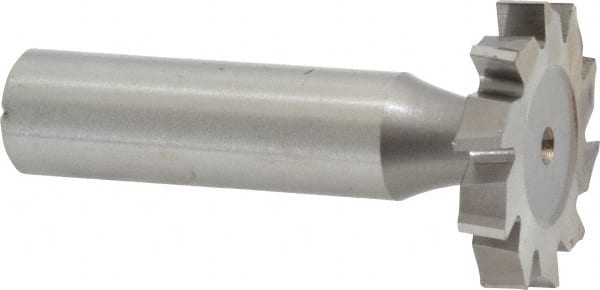 Made in USA - 1-1/8" Diam x 3/16" Face Width, High Speed Steel, 10 Teeth, Shank Connection Woodruff Keyseat Cutter - Uncoated, 2-3/16" OAL x 1/2" Shank, Staggered Teeth, ANSI 609, Old Standard 16 - Exact Tooling