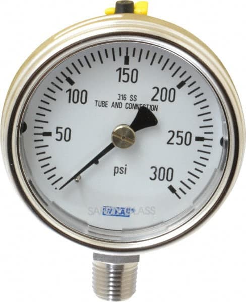 Wika - 2-1/2" Dial, 1/4 Thread, 0-300 Scale Range, Pressure Gauge - Lower Connection Mount, Accurate to 2-1-2% of Scale - Exact Tooling
