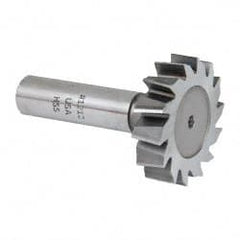 Made in USA - 1-1/2" Diam x 3/8" Face Width, High Speed Steel, 14 Teeth, Shank Connection Woodruff Keyseat Cutter - Uncoated, 2-3/8" OAL x 1/2" Shank, Staggered Teeth, ANSI 1212, Old Standard G - Exact Tooling