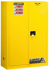 Justrite - 2 Door, 2 Shelf, Yellow Steel Standard Safety Cabinet for Flammable and Combustible Liquids - 65" High x 43" Wide x 18" Deep, Manual Closing Door, 3 Point Key Lock, 45 Gal Capacity - Exact Tooling