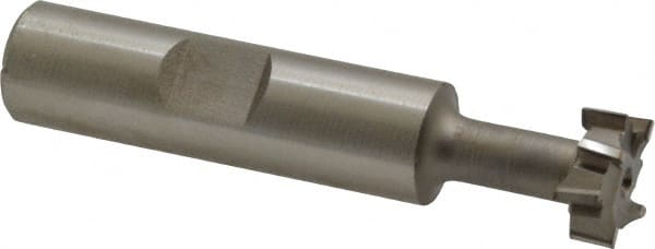 Made in USA - 9/16" Cut Diam, 15/64" Cut Width, 17/64" Neck Diam, 1/2" Shank Diam, 2-19/32" OAL, High Speed Steel T-Slot Cutter - Uncoated, 1/4" Bolt, 1-13/16" Shank Length, Staggered Teeth, 8 Teeth, Weldon Flat - Exact Tooling