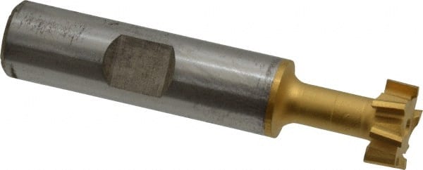 Made in USA - 9/16" Cut Diam, 15/64" Cut Width, 17/64" Neck Diam, 1/2" Shank Diam, 2-19/32" OAL, High Speed Steel T-Slot Cutter - TiN Finish, 1/4" Bolt, 1-13/16" Shank Length, Staggered Teeth, 8 Teeth, Weldon Flat - Exact Tooling
