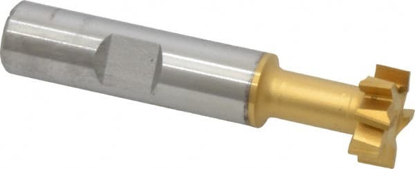 Made in USA - 21/32" Cut Diam, 17/64" Cut Width, 21/64" Neck Diam, 1/2" Shank Diam, 2-11/16" OAL, High Speed Steel T-Slot Cutter - TiN Finish, 5/16" Bolt, 1-13/16" Shank Length, Staggered Teeth, 8 Teeth, Weldon Flat - Exact Tooling