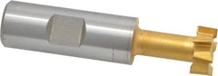 Made in USA - 25/32" Cut Diam, 21/64" Cut Width, 13/32" Neck Diam, 3/4" Shank Diam, 3-1/4" OAL, High Speed Steel T-Slot Cutter - TiN Finish, 3/8" Bolt, 2-1/16" Shank Length, Staggered Teeth, 8 Teeth, Weldon Flat - Exact Tooling