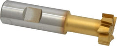Made in USA - 31/32" Cut Diam, 25/64" Cut Width, 17/32" Neck Diam, 3/4" Shank Diam, 3-7/16" OAL, High Speed Steel T-Slot Cutter - TiN Finish, 1/2" Bolt, 2-1/16" Shank Length, Staggered Teeth, 8 Teeth, Weldon Flat - Exact Tooling