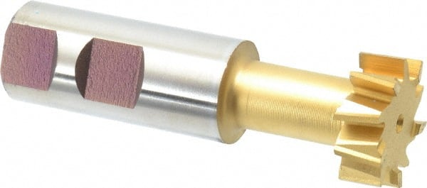 Made in USA - 1-1/4" Cut Diam, 31/64" Cut Width, 21/32" Neck Diam, 1" Shank Diam, 3-15/16" OAL, High Speed Steel T-Slot Cutter - TiN Finish, 5/8" Bolt, 2-15/16" Shank Length, Staggered Teeth, 10 Teeth, Weldon Flat - Exact Tooling