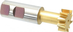 Made in USA - 1-1/4" Cut Diam, 31/64" Cut Width, 21/32" Neck Diam, 1" Shank Diam, 3-15/16" OAL, High Speed Steel T-Slot Cutter - TiN Finish, 5/8" Bolt, 2-15/16" Shank Length, Staggered Teeth, 10 Teeth, Weldon Flat - Exact Tooling
