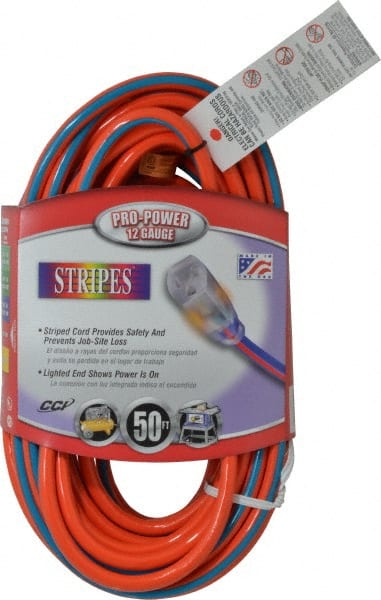 Southwire - 50', 12/3 Gauge/Conductors, Orange/Blue Outdoor Extension Cord - 1 Receptacle, 15 Amps, 125 VAC, UL SJTW, NEMA 5-15P, 5-15R - Exact Tooling