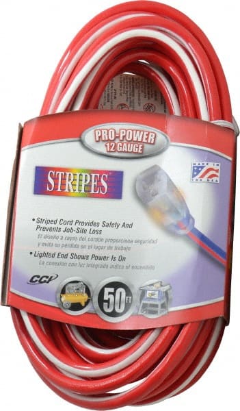 Southwire - 50', 12/3 Gauge/Conductors, Red/White Outdoor Extension Cord - 1 Receptacle, 15 Amps, 125 VAC, UL SJTW, NEMA 5-15P, 5-15R - Exact Tooling