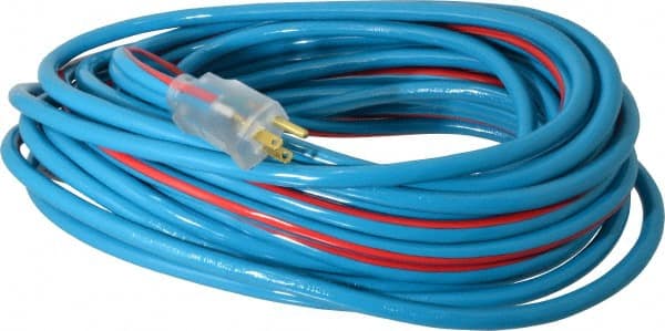 Southwire - 50', 12/3 Gauge/Conductors, Blue/Red Outdoor Extension Cord - 1 Receptacle, 15 Amps, 125 VAC, UL SJTW, NEMA 5-15P, 5-15R - Exact Tooling
