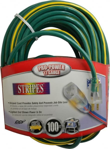 Southwire - 100', 12/3 Gauge/Conductors, Green/Yellow Outdoor Extension Cord - 1 Receptacle, 15 Amps, 125 VAC, UL SJTW, NEMA 5-15P, 5-15R - Exact Tooling