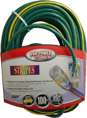 Southwire - 100', 12/3 Gauge/Conductors, Green/Yellow Outdoor Extension Cord - 1 Receptacle, 15 Amps, 125 VAC, UL SJTW, NEMA 5-15P, 5-15R - Exact Tooling