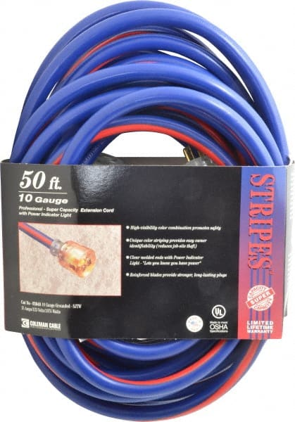 Southwire - 50', 10/3 Gauge/Conductors, Blue/Red Outdoor Extension Cord - 1 Receptacle, 15 Amps, 125 VAC, UL SJTW, NEMA 5-15P, 5-15R - Exact Tooling