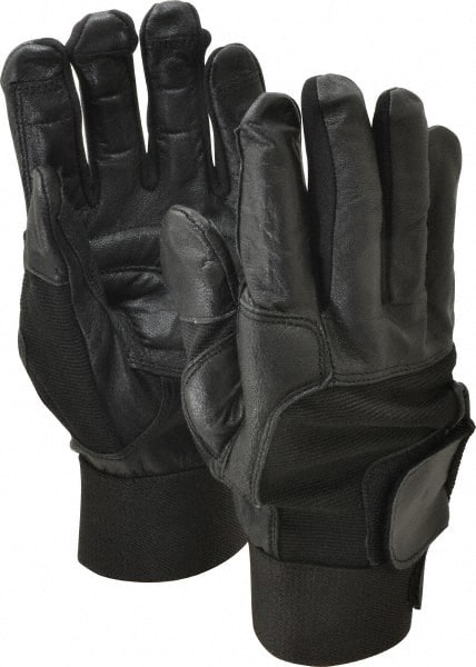 Ability One - Size XL (10) Leather/Spandex/Gel Padded Anti-Vibration/Impact Protection Work Gloves - For Mechanic's & Lifting, Uncoated, Hook & Loop Cuff, Full Fingered, Black, Paired - Exact Tooling