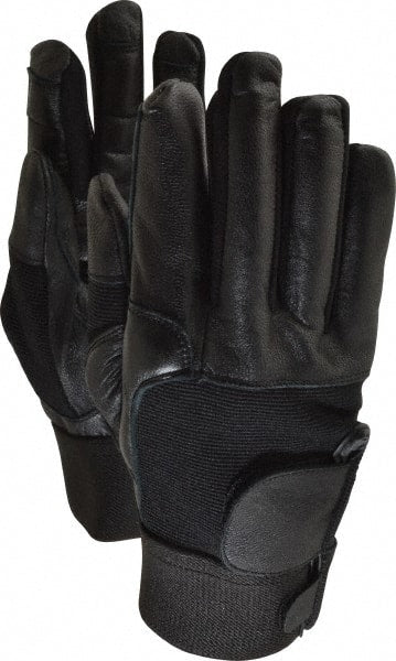 Ability One - Size L (9) Leather/Spandex/Gel Padded Anti-Vibration/Impact Protection Work Gloves - For Mechanic's & Lifting, Uncoated, Hook & Loop Cuff, Full Fingered, Black, Paired - Exact Tooling