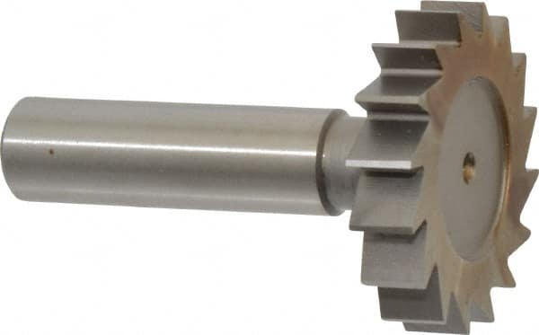 Made in USA - 1-1/2" Diam x 5/16" Face Width, High Speed Steel, 16 Teeth, Shank Connection Woodruff Keyseat Cutter - Uncoated, 2-5/16" OAL x 1/2" Shank, Straight Teeth, ANSI 1012, Old Standard 25 - Exact Tooling