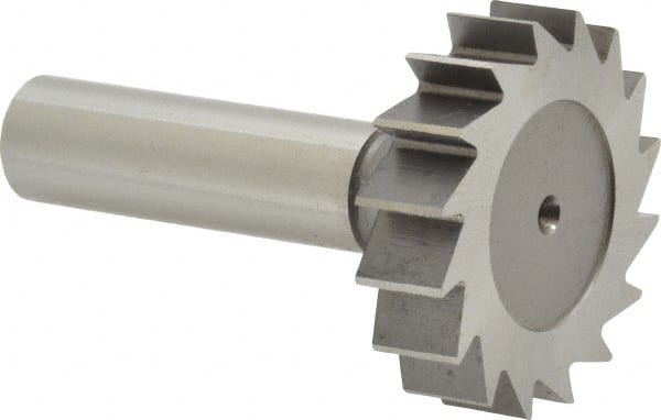 Made in USA - 1-1/2" Diam x 3/8" Face Width, High Speed Steel, 16 Teeth, Shank Connection Woodruff Keyseat Cutter - Uncoated, 2-3/8" OAL x 1/2" Shank, Straight Teeth, ANSI 1212, Old Standard G - Exact Tooling