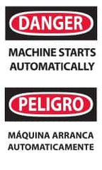 NMC - Accident Prevention Label, Header: DANGER - Legend: Danger - Machine Starts Automatically, English & Spanish, Black, Red & White, 3" Long x 5" High, Sign Muscle Finish - Exact Tooling