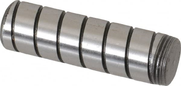 Jergens - 7/16" Diam x 1-1/2" Pin Length Alloy Steel Grooved Dowel Pin - C 47-58 & C 60-64 (Surface) Hardness, 1 Beveled & 1 Threaded End - Exact Tooling