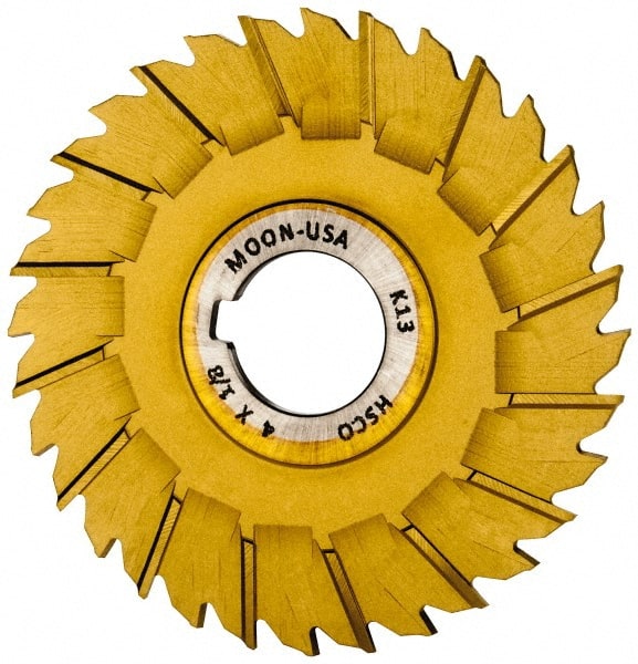 Made in USA - 4" Blade Diam x 1/8" Blade Thickness, 1" Hole, 32 Teeth, Cobalt Side Chip Saw - Staggered Tooth, Arbor Connection, Right Hand Cut, TiN, with Keyway - Exact Tooling