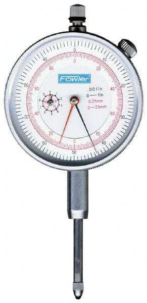 Fowler - 1" Range, 0-100, 0-200-0 Dial Reading, 0.001" Graduation Dial Drop Indicator - 2-1/4" Dial, 0.1" Range per Revolution, Revolution Counter - Exact Tooling