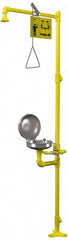 Bradley - 1-1/4" Inlet, 26 GPM shower Flow, Drench shower & Eyewash Station - Bowl with Hinged Dust Cover, Triangular Pull Rod & Push Flag Activated, Galvanized Steel Pipe, Plastic Shower Head, 0.4 GPM Bowl Flow, Corrosion Resistant, Top or Mid Supply - Exact Tooling