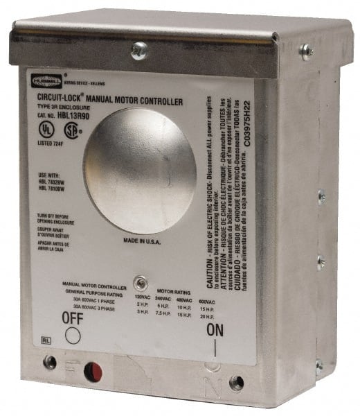 Hubbell Wiring Device-Kellems - 2 Poles, 30 Amp, NEMA, Enclosed Pushbutton Manual Motor Starter - 111.8mm Wide x 83.3mm Deep x 140.2mm High, 15 hp, CSA Certified, NEMA 3R & UL Listed - Exact Tooling