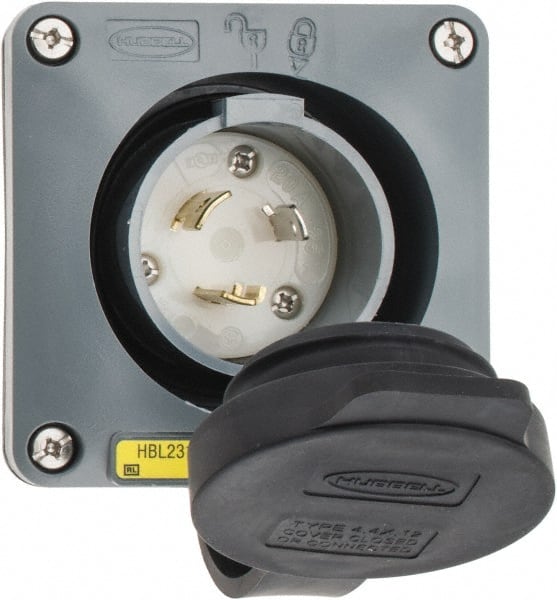 Hubbell Wiring Device-Kellems - 125 VAC, 20 Amp, L5-20P NEMA, Self Grounding Inlet - 2 Poles, 3 Wire, Male End, Gray - Exact Tooling