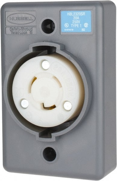 Hubbell Wiring Device-Kellems - 250 VAC, 20 Amp, L6-20R NEMA, Self Grounding Receptacle - 2 Poles, 3 Wire, Female End, Gray - Exact Tooling