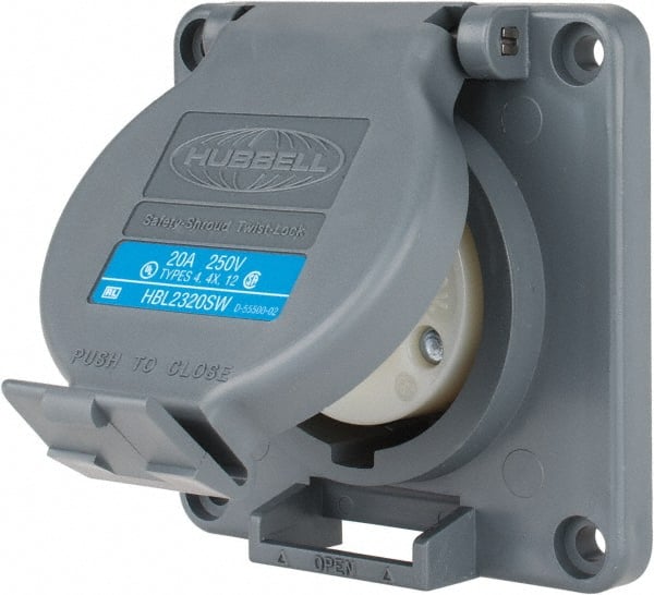 Hubbell Wiring Device-Kellems - 250 VAC, 20 Amp, L6-20R NEMA, Self Grounding Receptacle - 2 Poles, 3 Wire, Female End, Gray - Exact Tooling