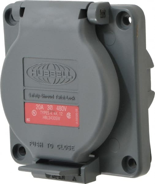 Hubbell Wiring Device-Kellems - 480 VAC, 20 Amp, L16-20R NEMA, Self Grounding Receptacle - 3 Poles, 4 Wire, Female End, Gray - Exact Tooling